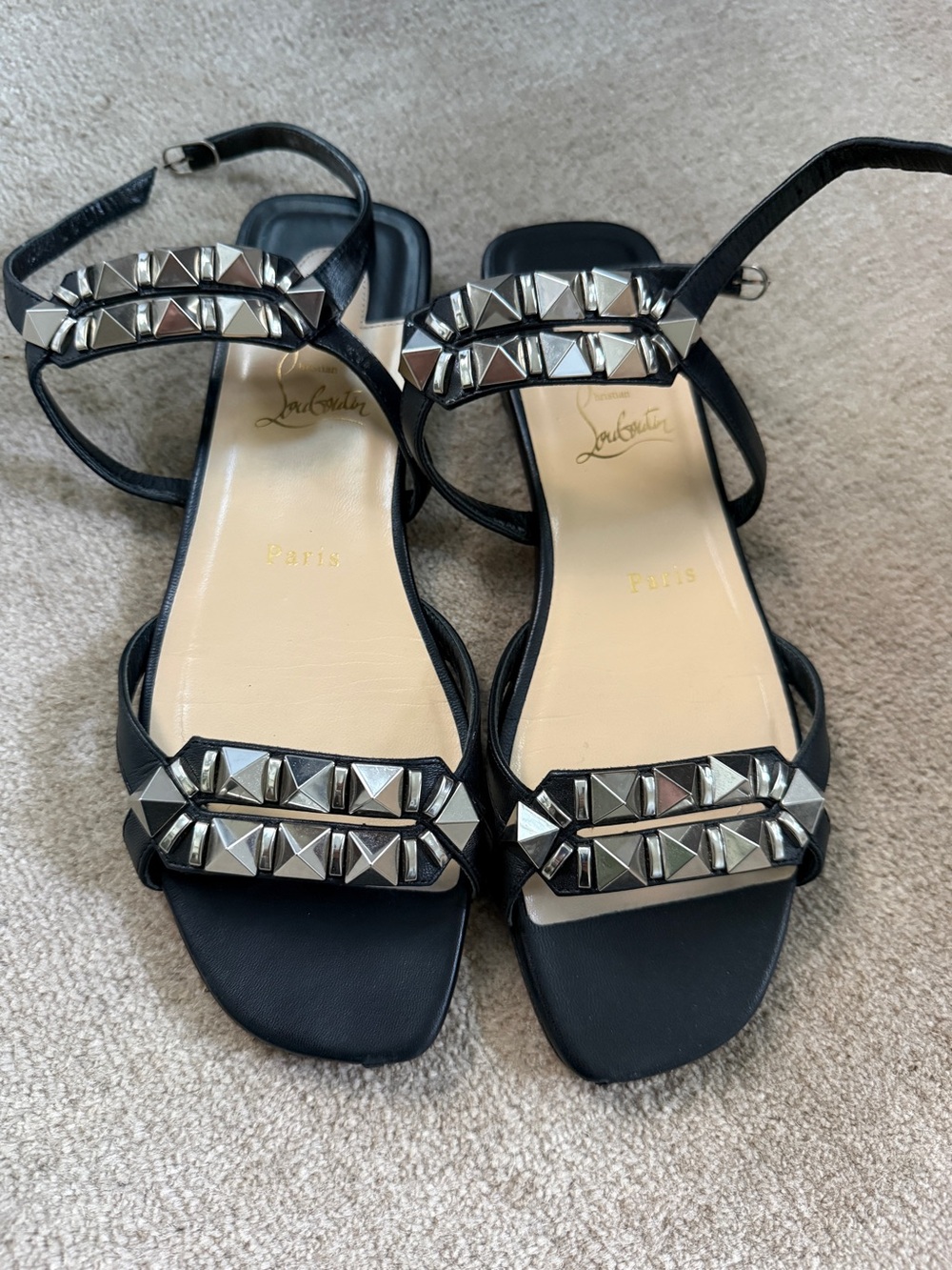 Christian Louboutin Black Leather Studded Ankle-Strap Sandals